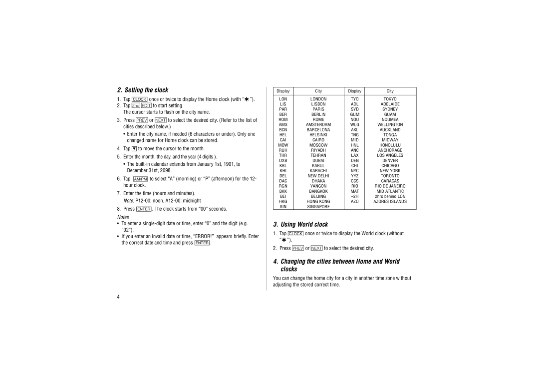 Sharp YO-P20hII operation manual Setting the clock, Using World clock, Changing the cities between Home and World clocks 