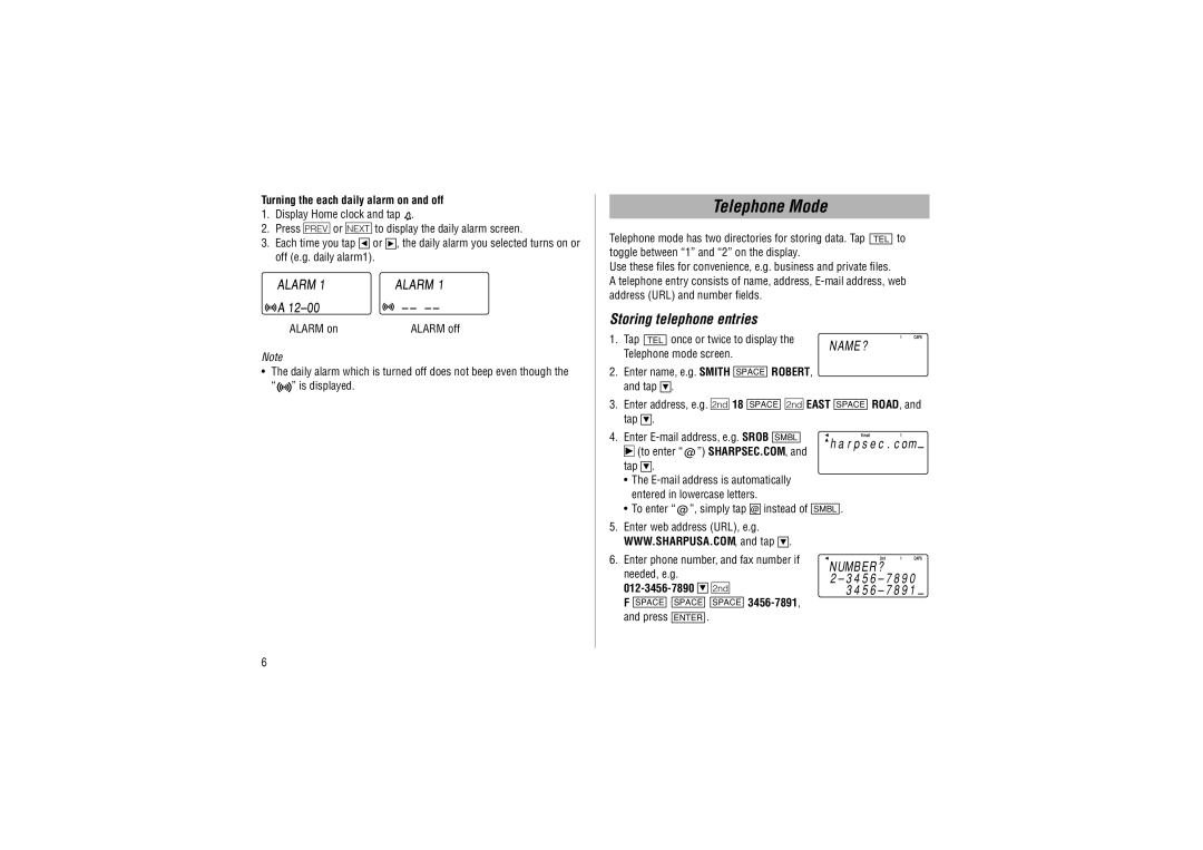 Sharp YO-P20hII operation manual Telephone Mode, Storing telephone entries, Turning the each daily alarm on and off 