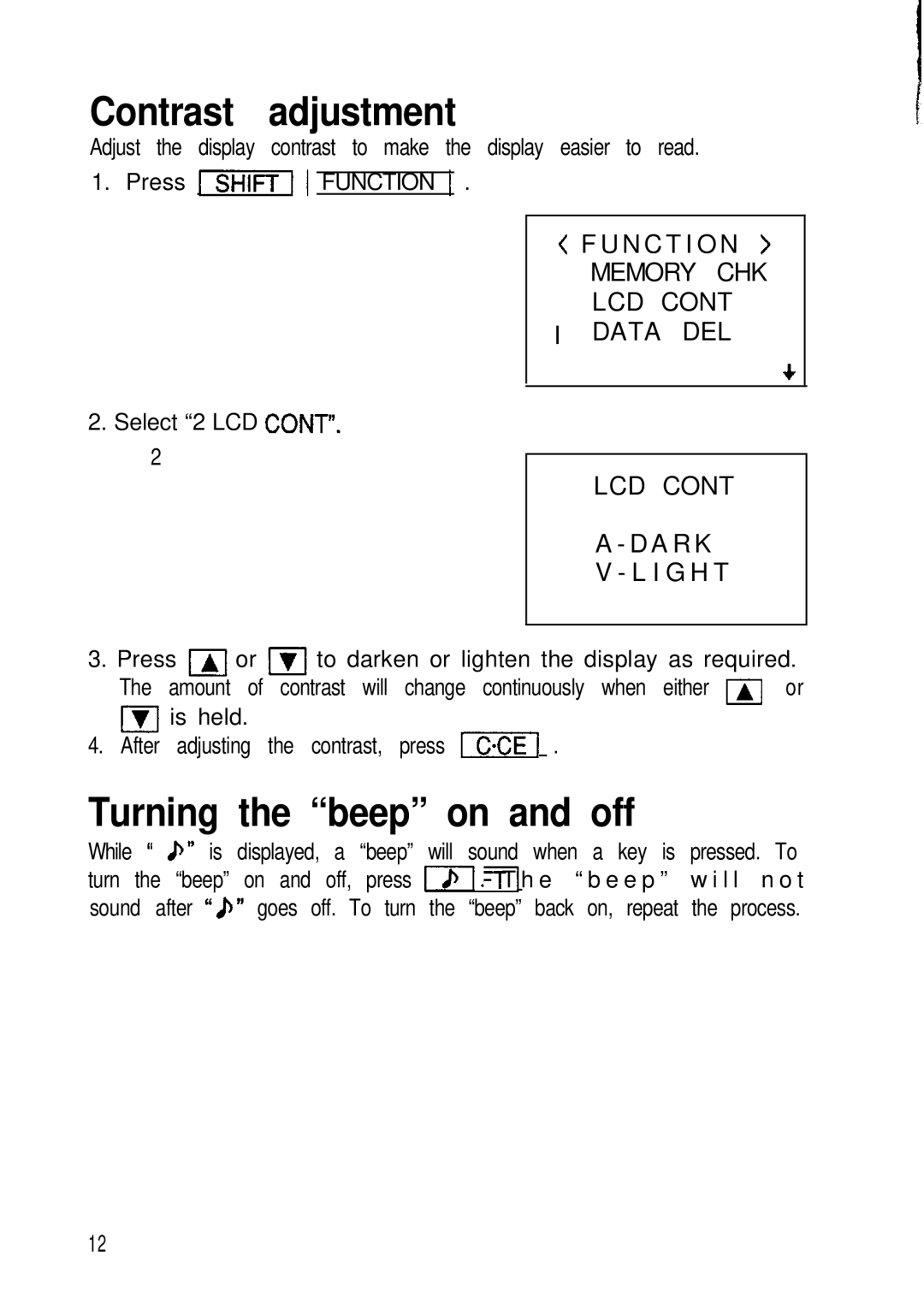 Sharp ZQ-2400, ZQ-2200, ZQ-2000 manual Contrast adjustment, Turning the beep on and off, Memory CHK LCD Data DEL, Lcd 