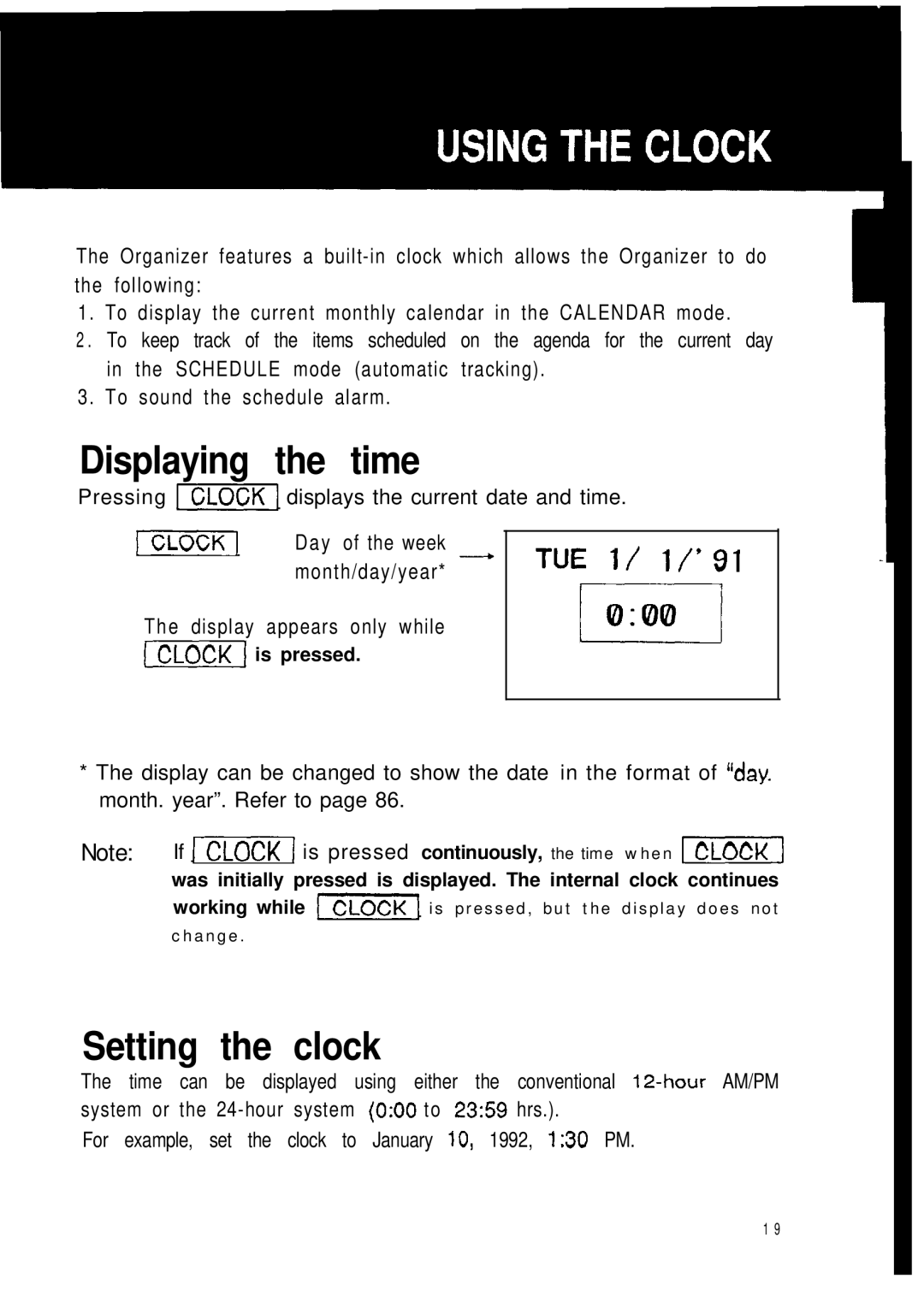 Sharp ZQ-2000, ZQ-2200, ZQ-2400 manual Displaying the time, Setting the clock 