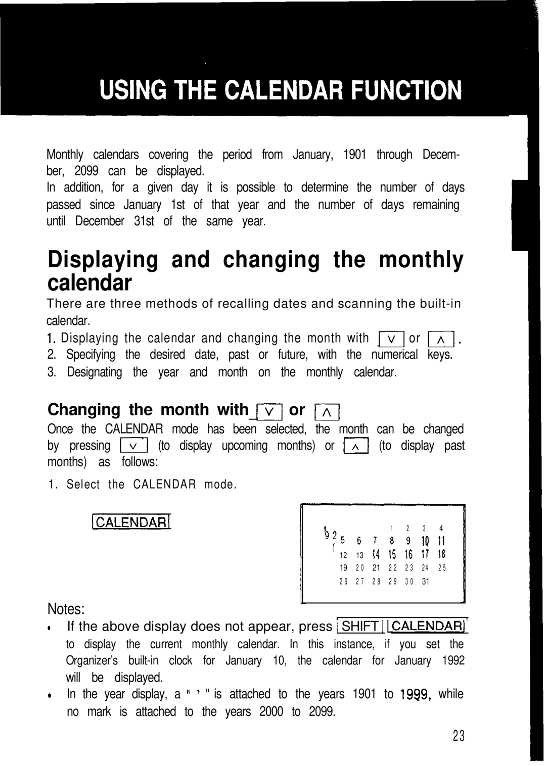 Sharp ZQ-2000, ZQ-2200, ZQ-2400 manual Displaying and changing the monthly calendar, Changing the month with w or 1/\1 