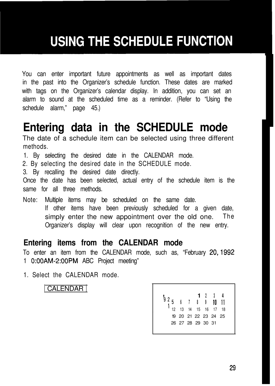 Sharp ZQ-2000, ZQ-2200, ZQ-2400 manual Entering data in the Schedule mode, Entering items from the Calendar mode 