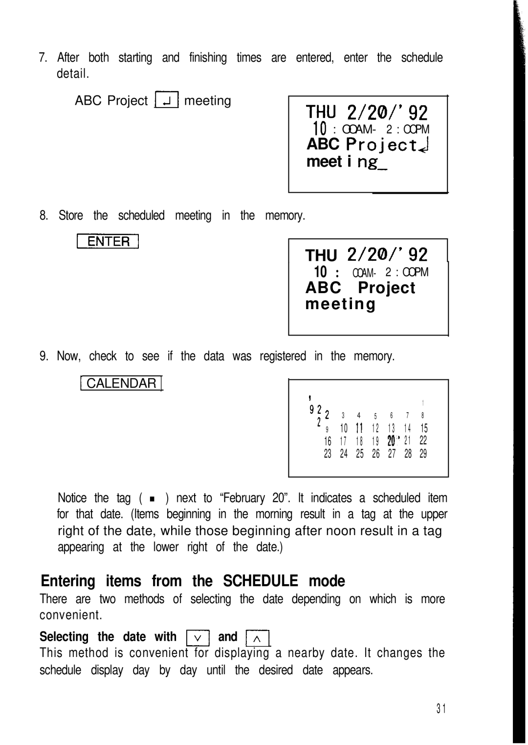 Sharp ZQ-2400, ZQ-2200, ZQ-2000 manual ABC ProjectA meet i ng, Abc, Project Meeting, Entering items from the Schedule mode 