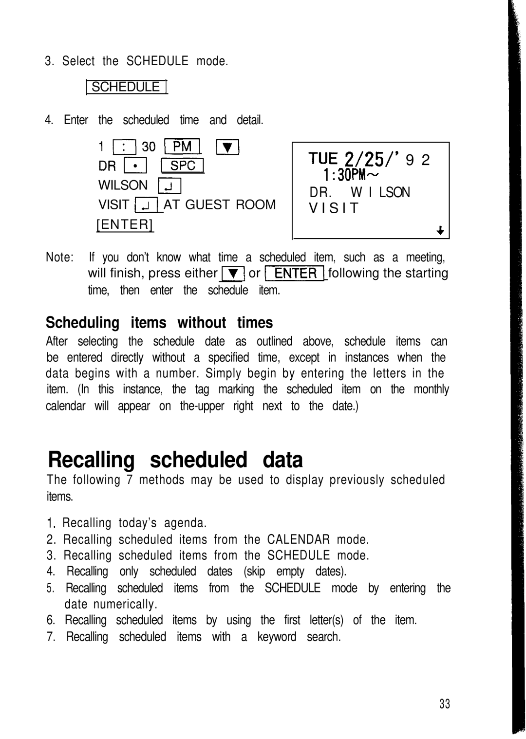 Sharp ZQ-2200, ZQ-2400, ZQ-2000 manual Recalling scheduled data, W I Lson V I S I T, Scheduling items without times 