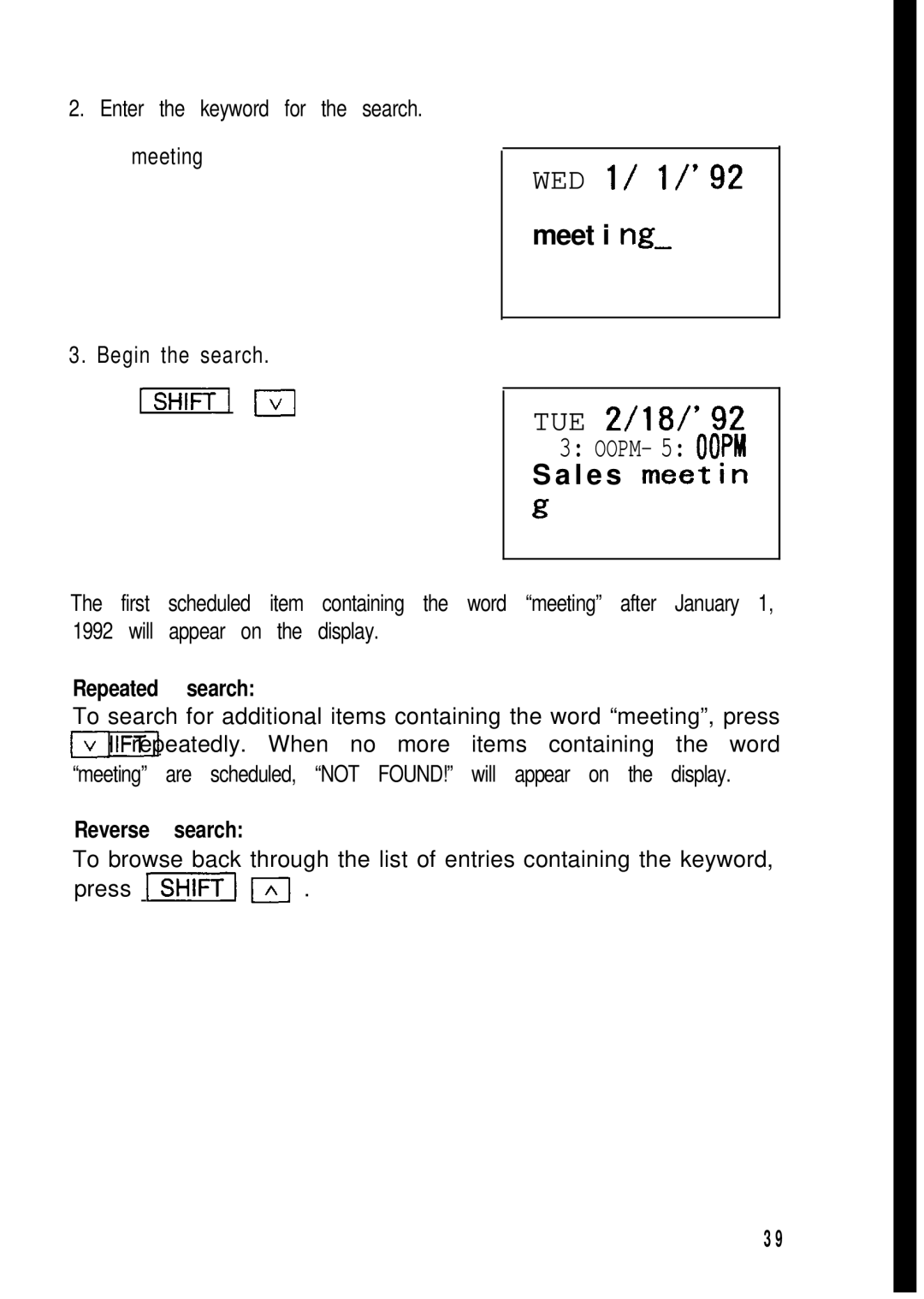 Sharp ZQ-2200, ZQ-2400, ZQ-2000 manual Meet i ng, L e s meetin g, Repeated search, Reverse search 