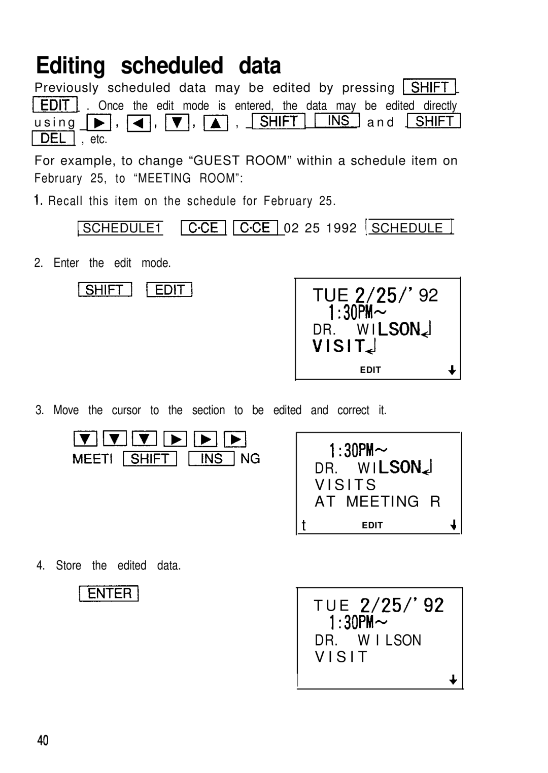 Sharp ZQ-2400 Editing scheduled data, W I Lsona, VISIT+.i, DR . W I Lsonj S I T S M E E T I N G R, DR . W I Lson S I T 