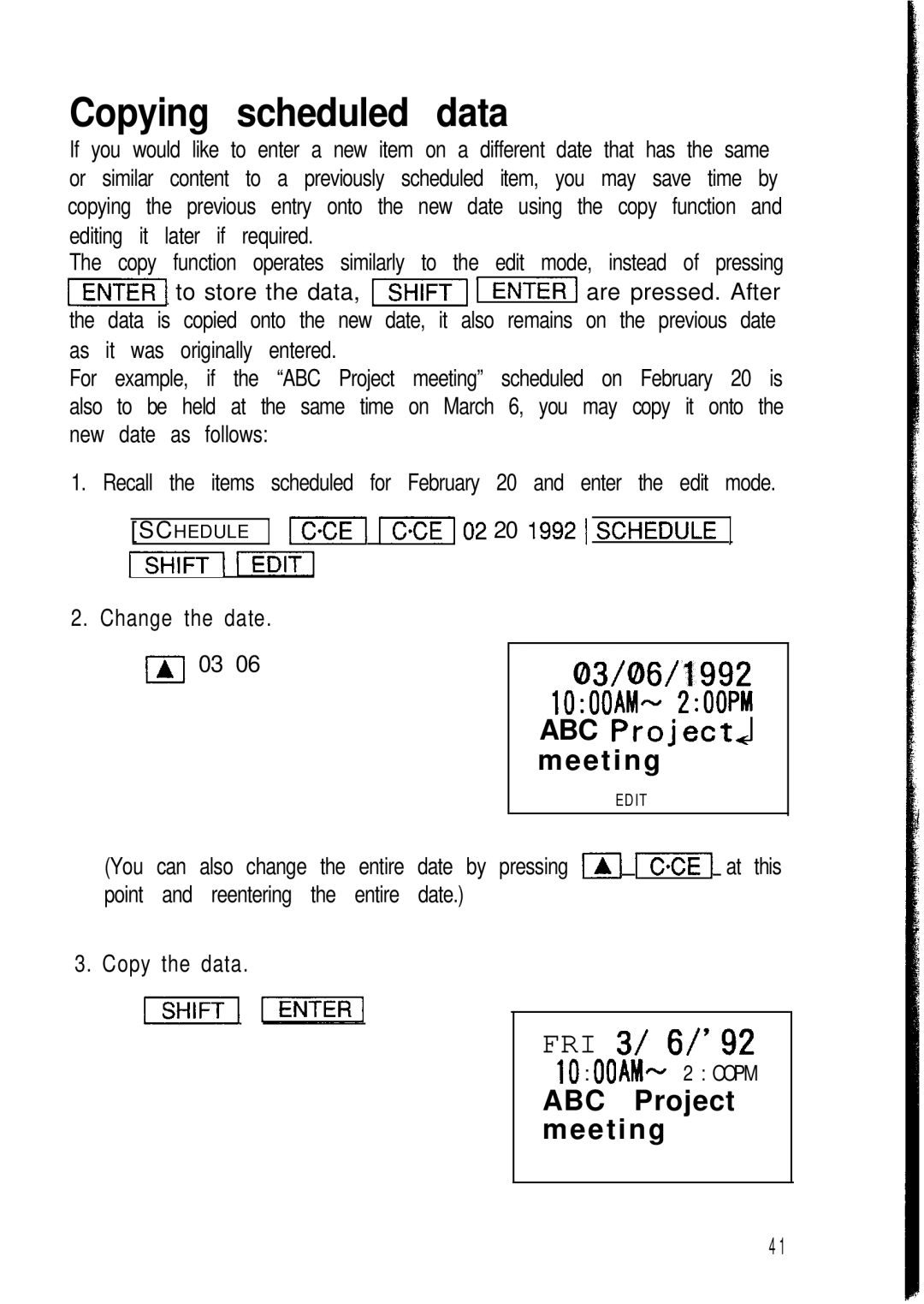 Sharp ZQ-2000, ZQ-2200, ZQ-2400 manual Copying scheduled data, ABC Project4 meeting, ABC Project meeting 