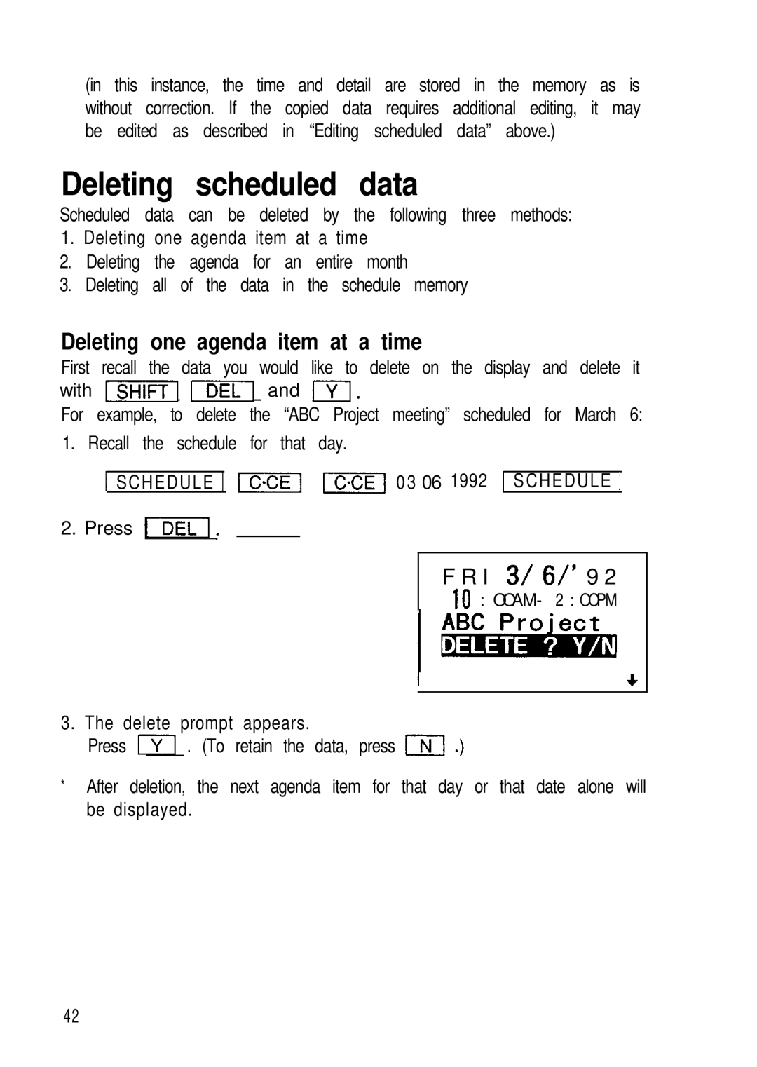 Sharp ZQ-2200, ZQ-2400, ZQ-2000 manual Deleting scheduled data, Deleting one agenda item at a time 