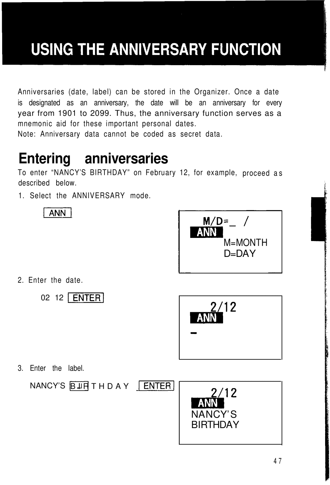 Sharp ZQ-2000, ZQ-2200, ZQ-2400 manual Entering anniversaries 