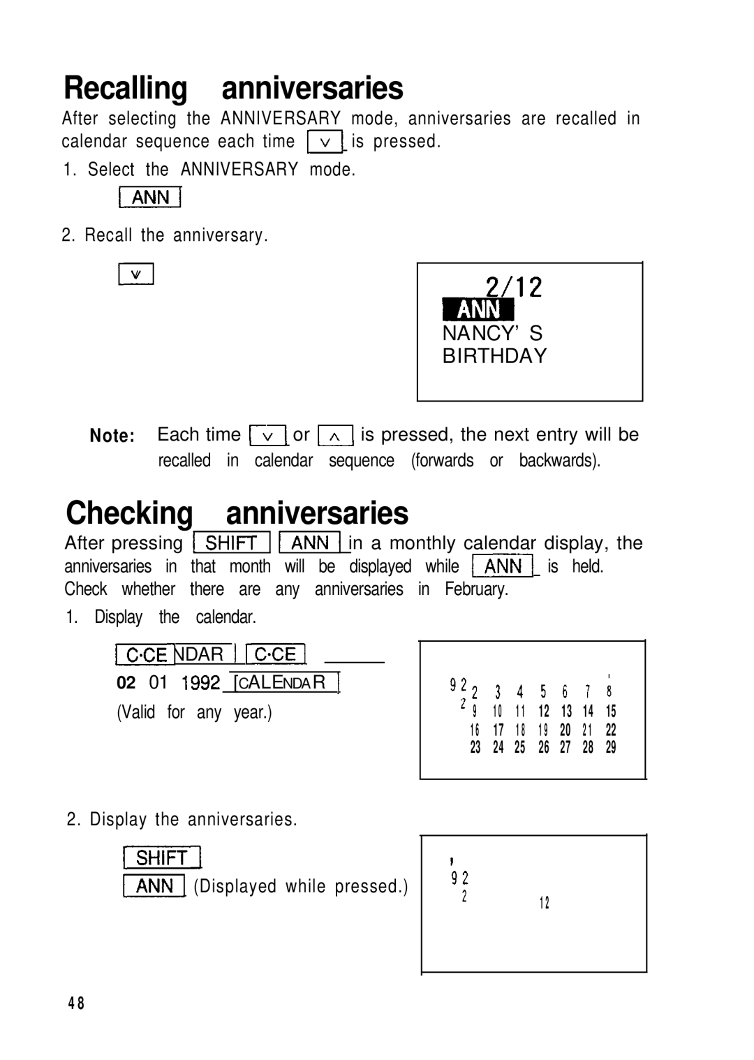 Sharp ZQ-2200, ZQ-2400, ZQ-2000 manual Recalling anniversaries, Checking anniversaries, NANCY’ S Birthday, SHlFTI 