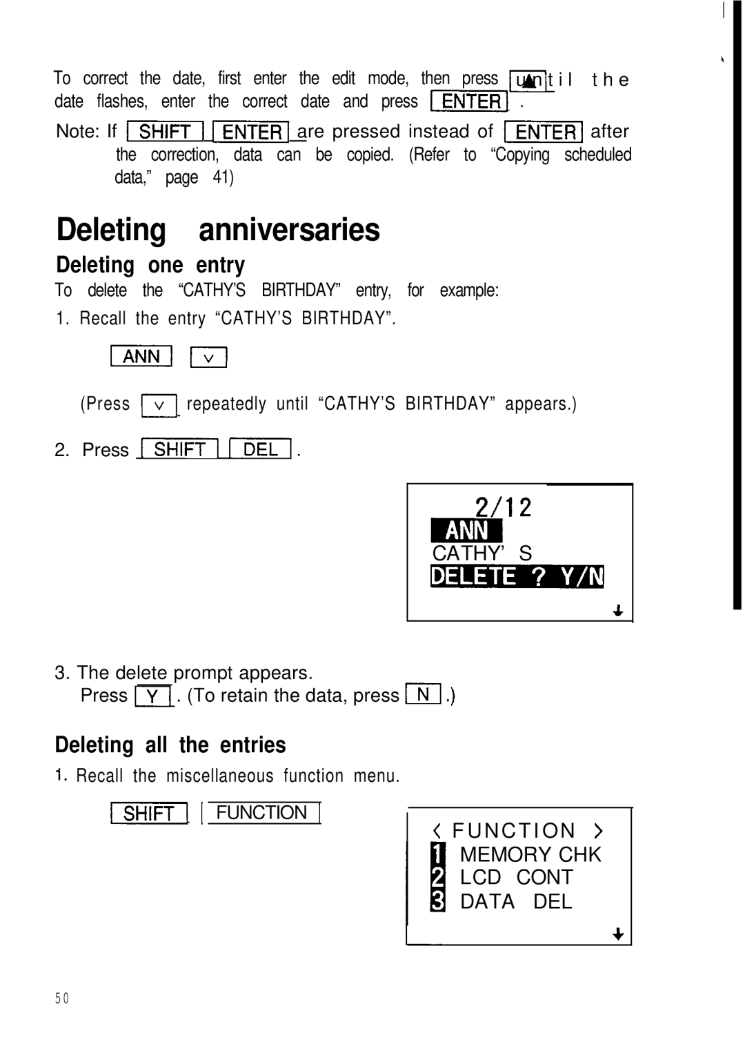 Sharp ZQ-2000 manual Deleting anniversaries, Deleting one entry, Cathy’ S Ib$M=Li’, Deleting all the entries, U N C T I O N 