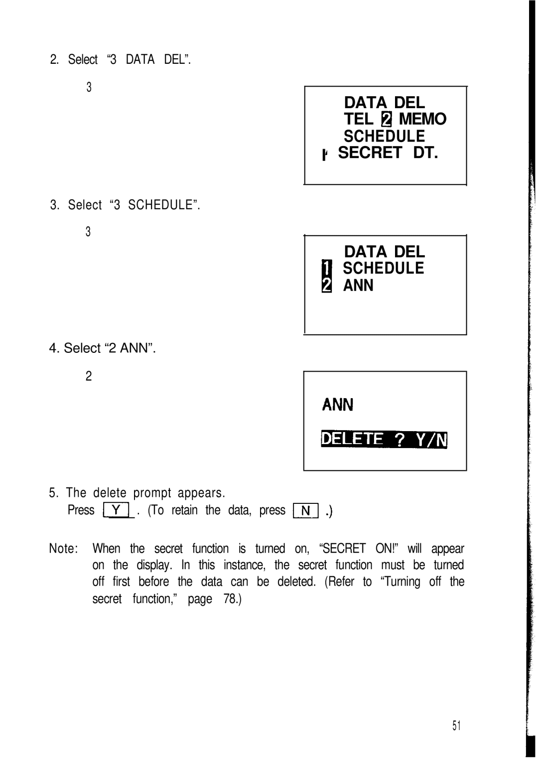 Sharp ZQ-2200, ZQ-2400, ZQ-2000 manual Data DEL TEL u Memo Schedule, Secret DT Data DEL Schedule ANN 