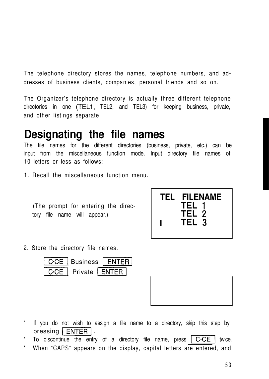 Sharp ZQ-2400, ZQ-2200, ZQ-2000 manual Designating the file names, TEL Filename 