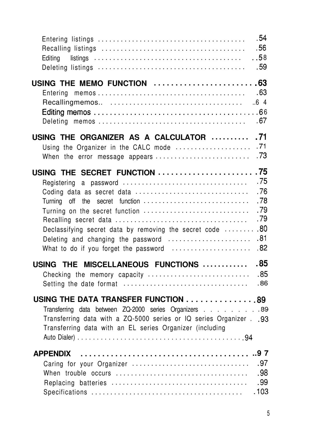 Sharp ZQ-2000, ZQ-2200 manual Using the Memo Function, Using the Secret Function, Using the Data Transfer Function, Appendix 