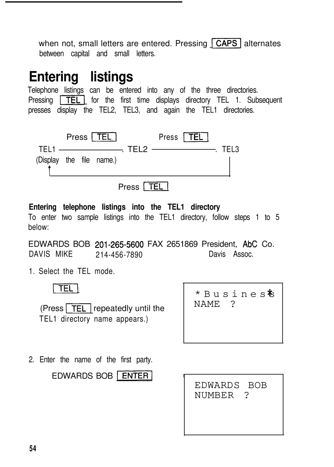 Sharp ZQ-2000, ZQ-2200, ZQ-2400 manual Entering listings, Entering telephone listings into the TEL1 directory 