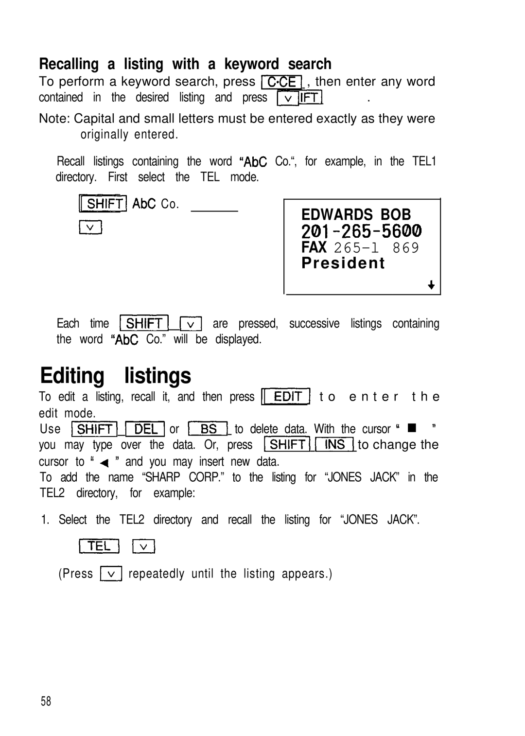 Sharp ZQ-2200, ZQ-2400, ZQ-2000 manual Editing listings, Recalling a listing with a keyword search 