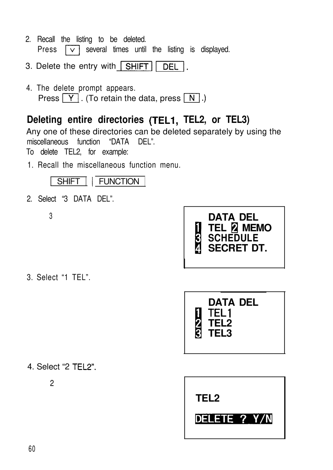 Sharp ZQ-2000, ZQ-2200, ZQ-2400 Deleting entire directories TELI, TEL2, or TEL3, Data DEL TEL H Memo Schedule Secret DT 