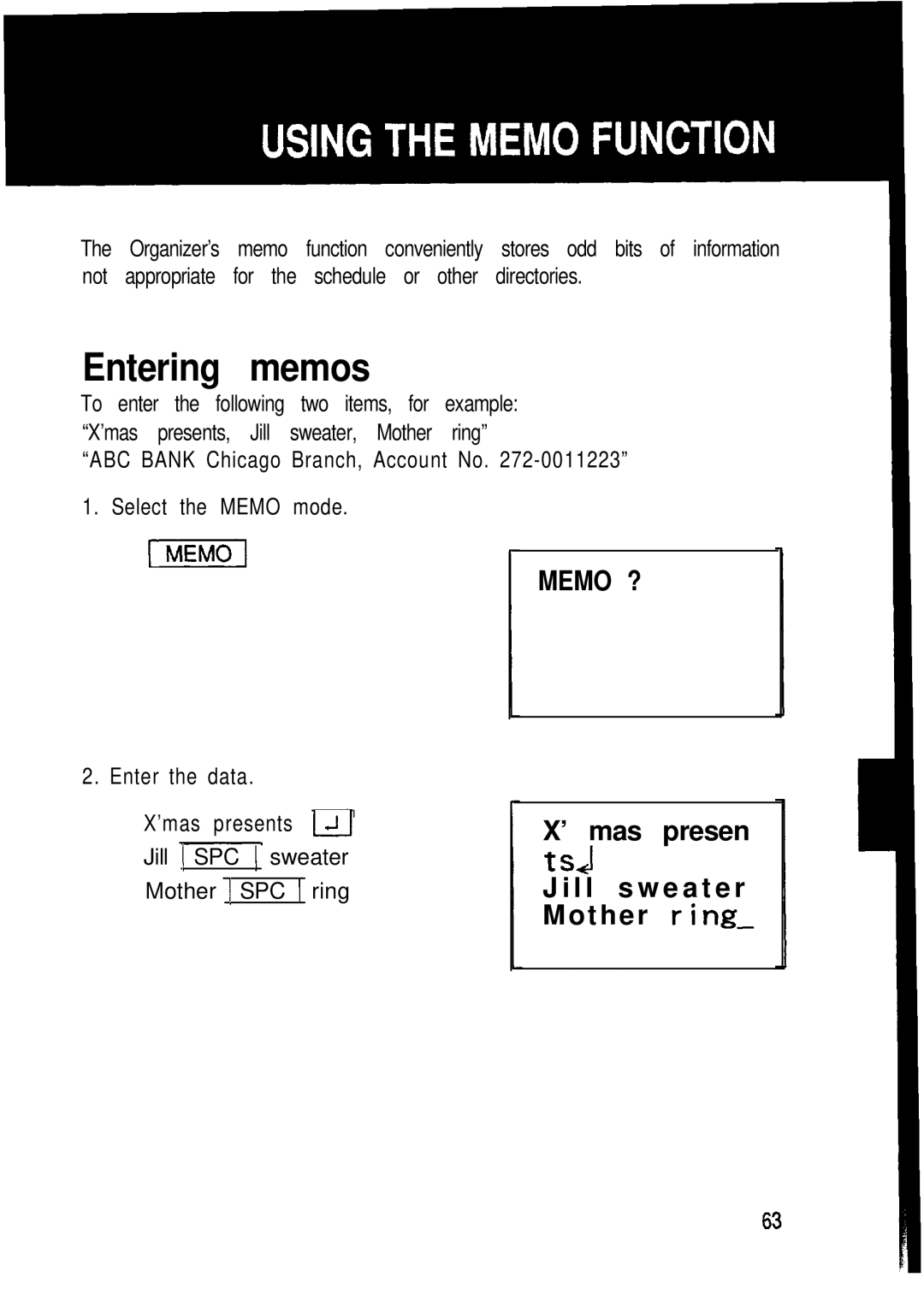 Sharp ZQ-2400, ZQ-2200, ZQ-2000 manual Entering memos, ’ mas presen L l s w e a t e r Mother ring 