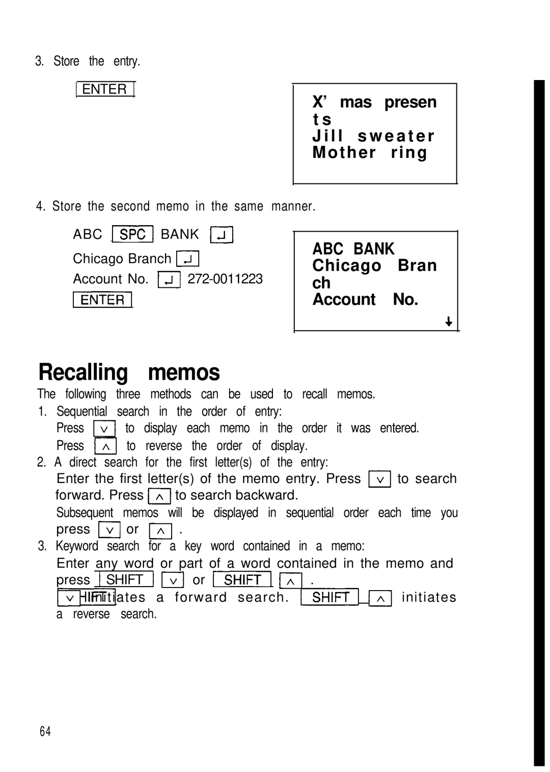 Sharp ZQ-2000, ZQ-2200 Recalling memos, ’ mas presen t s L l s w e a t e r Mother ring, ABC Bank, Chicago Bran, Account 