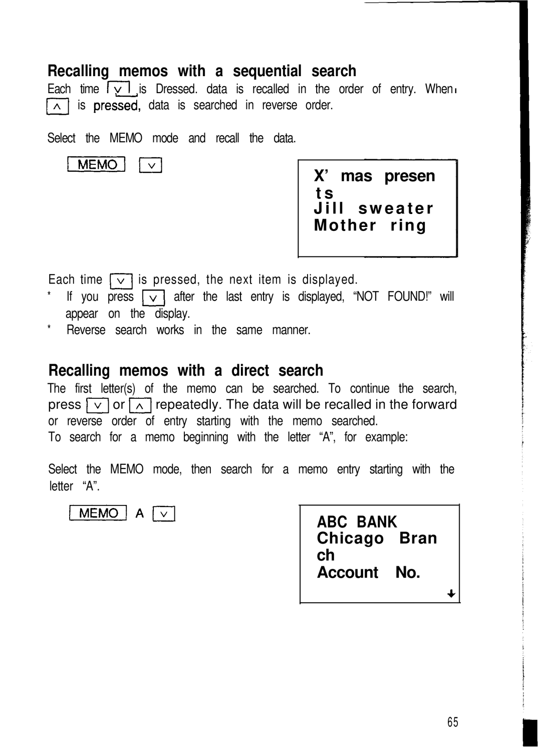 Sharp ZQ-2200, ZQ-2400, ZQ-2000 manual Recalling memos with a sequential search, Recalling memos with a direct search 