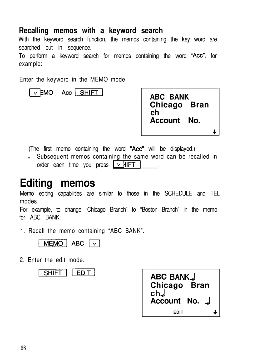 Sharp ZQ-2400, ZQ-2200, ZQ-2000 Editing memos, Recalling memos with a keyword search, Chicago Bran Account No, ABC Banks 