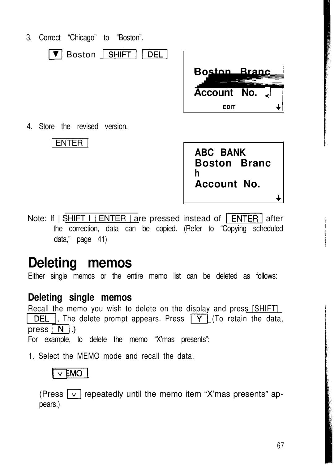 Sharp ZQ-2000 Deleting memos, Boston Branc Account No. +.I, ABC Bank Boston Branc h Account No, Deleting single memos 