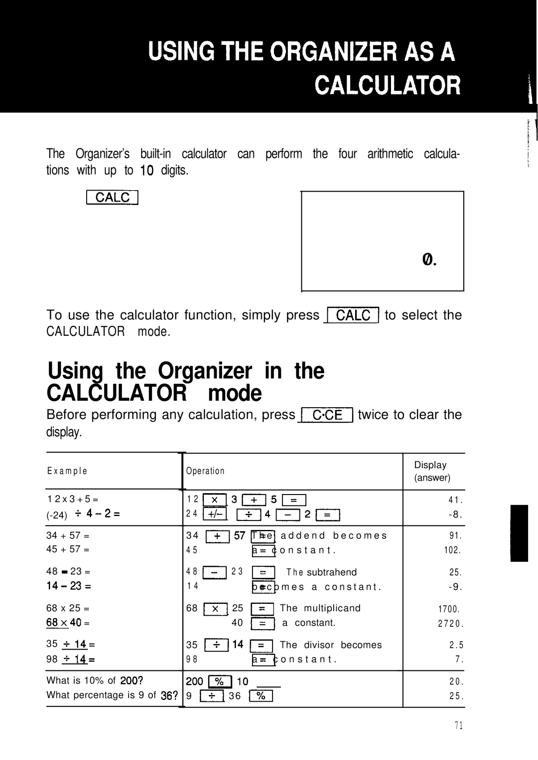 Sharp ZQ-2000, ZQ-2200, ZQ-2400 manual Using the Organizer Calculator mode 