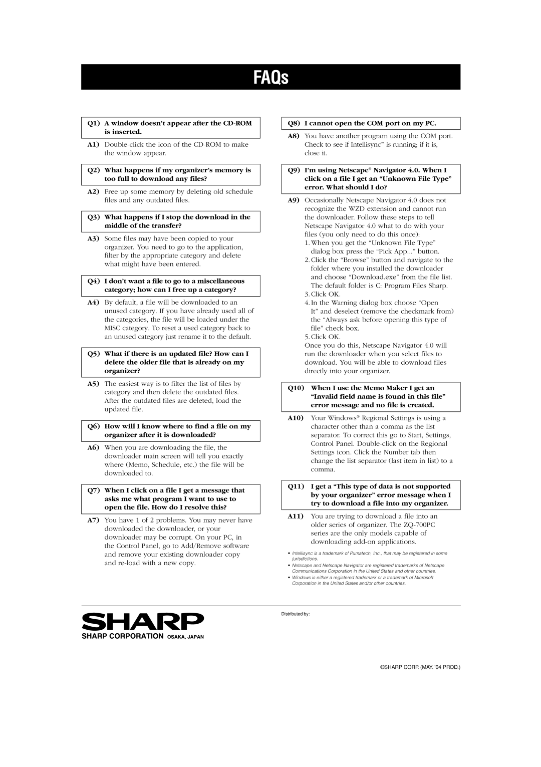 Sharp ZQ-700 SERIES FAQs, Q1 a window doesn’t appear after the CD-ROM is inserted, Q8 I cannot open the COM port on my PC 