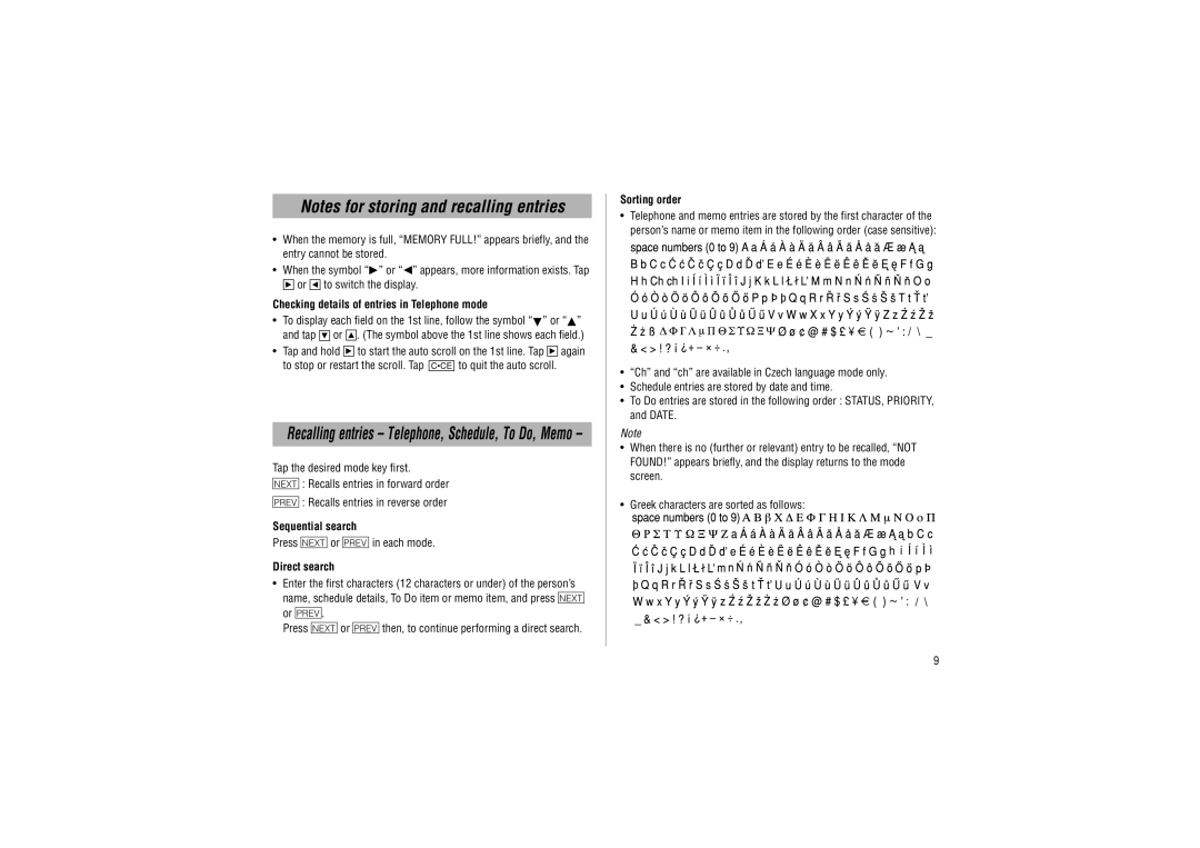 Sharp ZQ-P20A Checking details of entries in Telephone mode, Sequential search, Direct search, Sorting order 