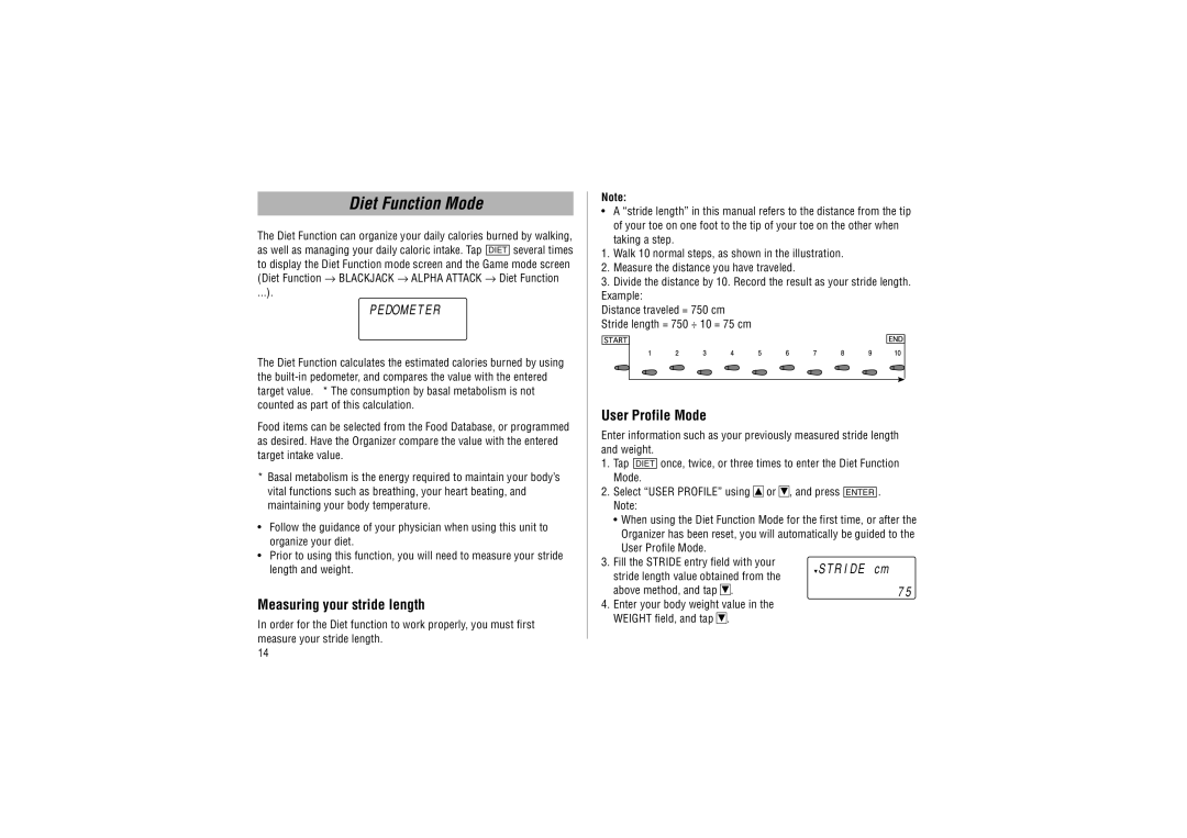 Sharp ZQ-P20A operation manual Diet Function Mode, Measuring your stride length, User Profile Mode 