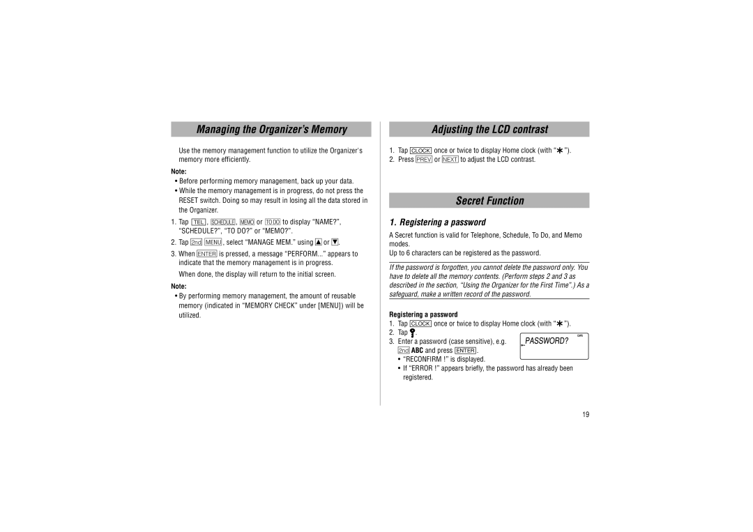 Sharp ZQ-P20A Managing the Organizer’s Memory, Adjusting the LCD contrast, Secret Function, Registering a password 