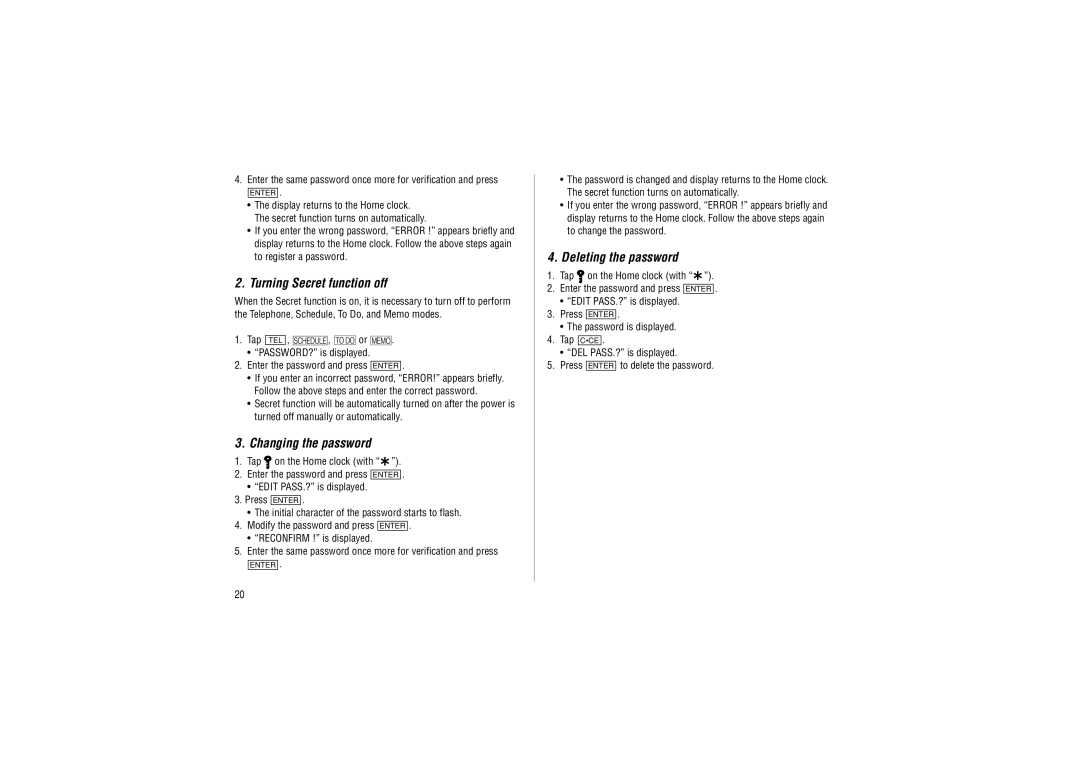 Sharp ZQ-P20A operation manual Turning Secret function off, Changing the password, Deleting the password 