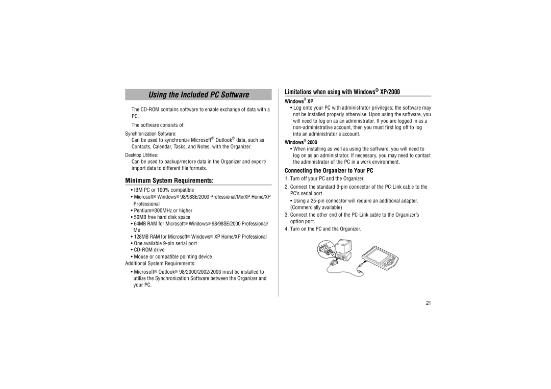 Sharp ZQ-P20A operation manual Using the Included PC Software, Minimum System Requirements 