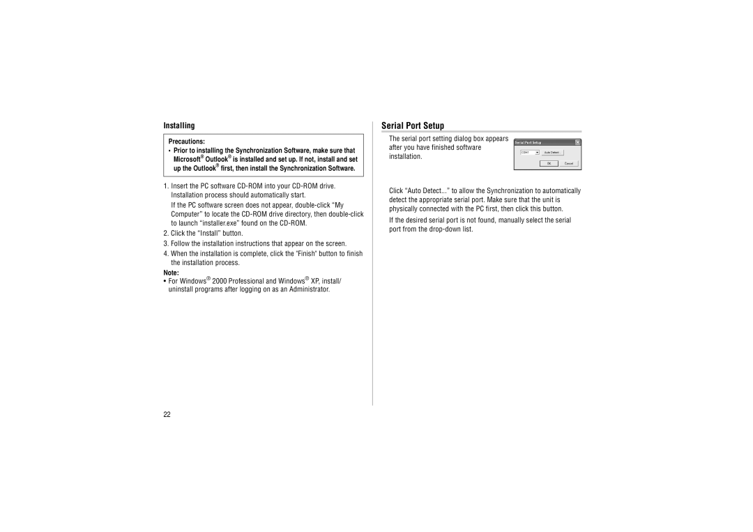 Sharp ZQ-P20A operation manual Serial Port Setup, Installing 