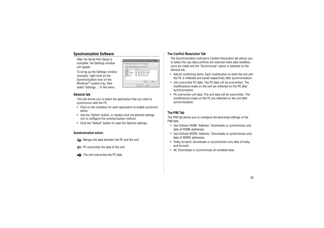 Sharp ZQ-P20A operation manual Synchronization Software, Synchronization action 