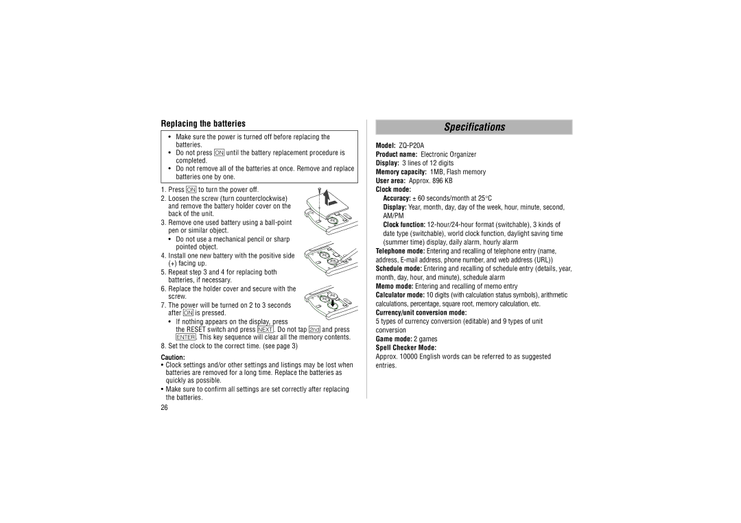 Sharp ZQ-P20A operation manual Specifications, Replacing the batteries 