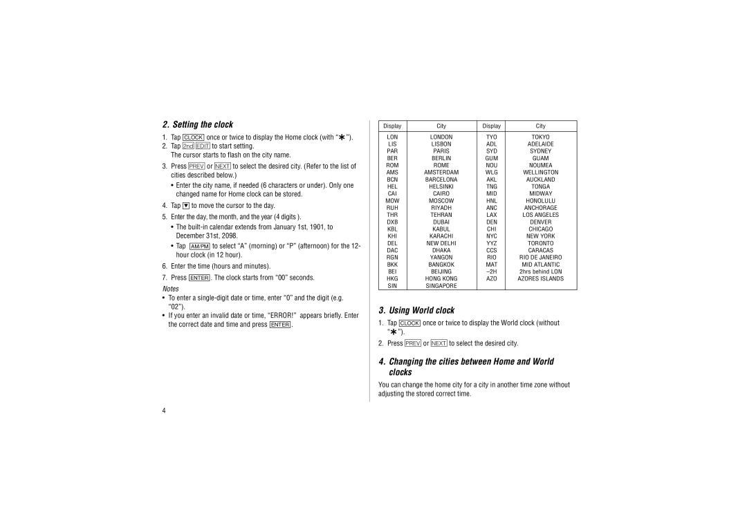 Sharp ZQ-P20A operation manual Setting the clock, Using World clock, Changing the cities between Home and World clocks 