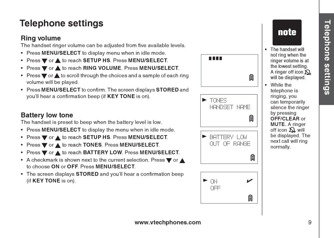 Sharper Image 6031 important safety instructions Ring volume, Battery low tone 