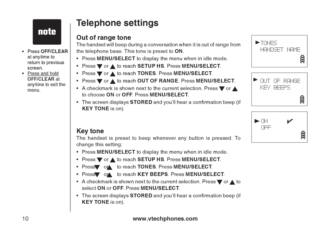 Sharper Image 6031 Out of range tone, Key tone is on, To reach Key beeps. Press MENU/SELECT 