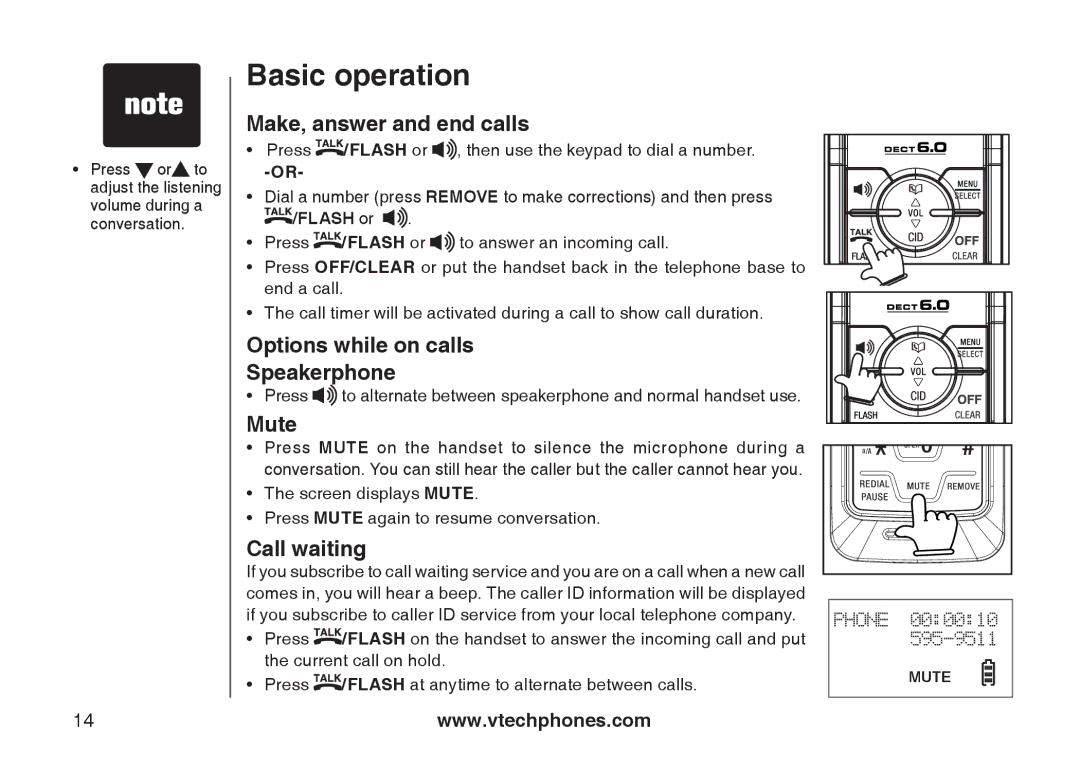 Sharper Image 6031 Basic operation, Make, answer and end calls, Options while on calls Speakerphone, Mute, Call waiting 