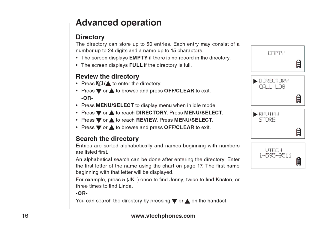 Sharper Image 6031 important safety instructions Advanced operation, Directory, Review the directory, Search the directory 