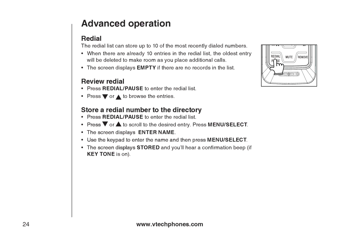 Sharper Image 6031 important safety instructions Redial, Review redial, Store a redial number to the directory 