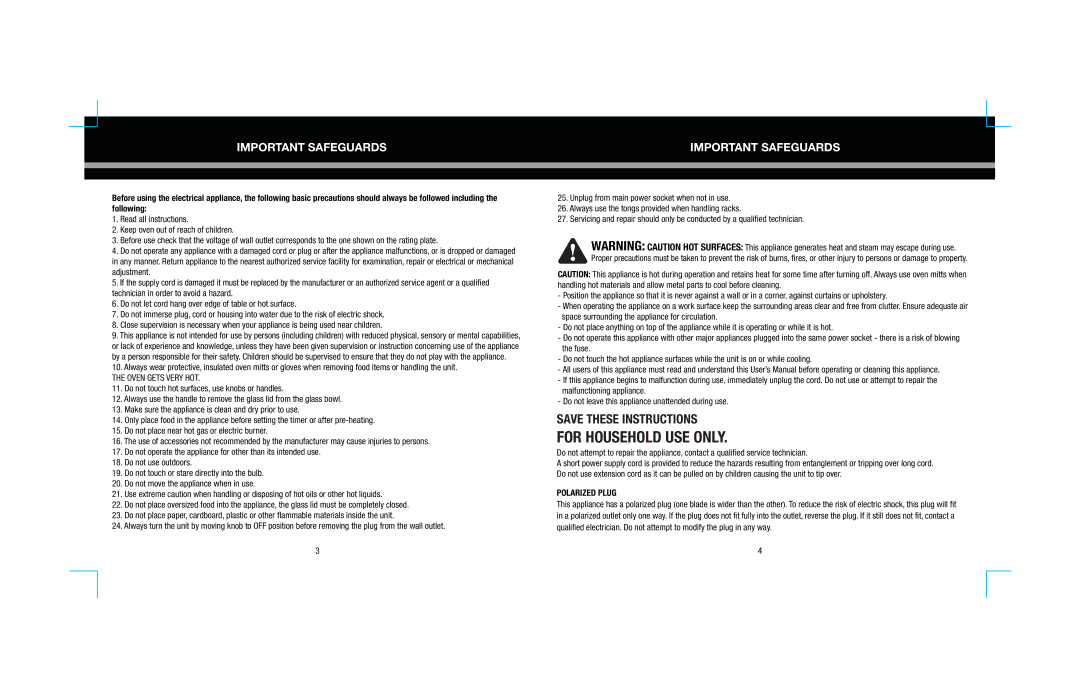 Sharper Image 8217SI manual Important Safeguards, Oven Gets Very HOT, Polarized Plug 