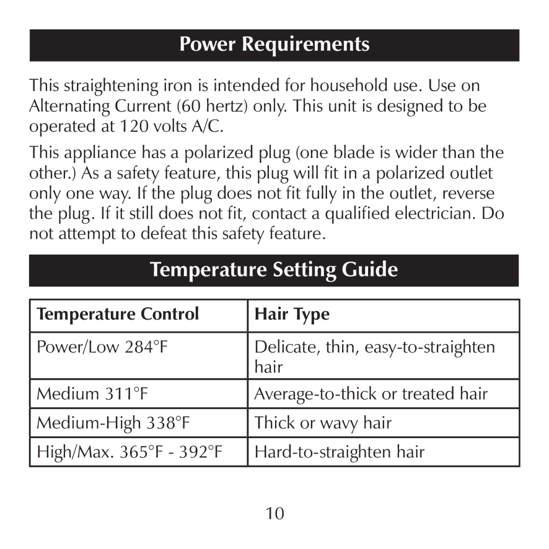 Sharper Image CA899, CA898 manual Power Requirements, Temperature Setting Guide 