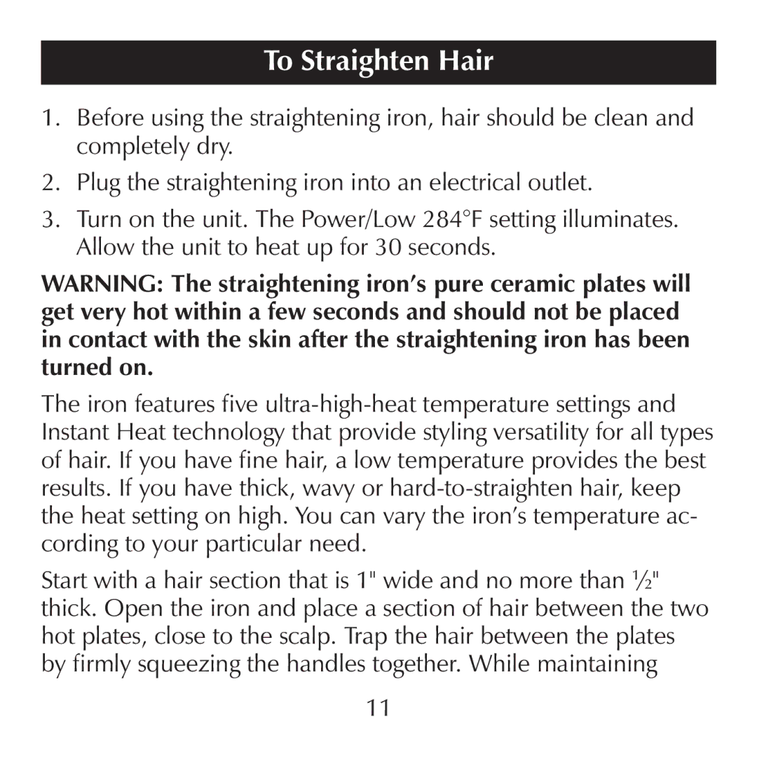 Sharper Image CA898, CA899 manual To Straighten Hair 