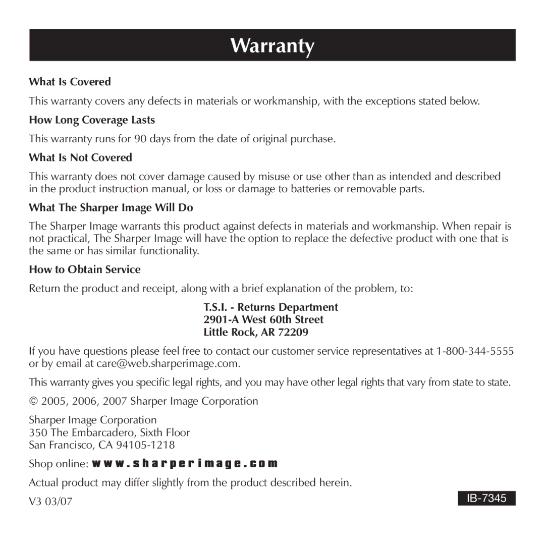 Sharper Image CA899, CA898 manual Warranty, What Is Covered 