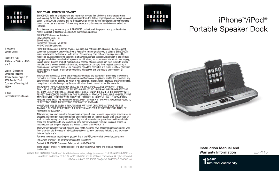 Sharper Image EC-P115 instruction manual Warranty Information, ONE Year Limited Warranty 