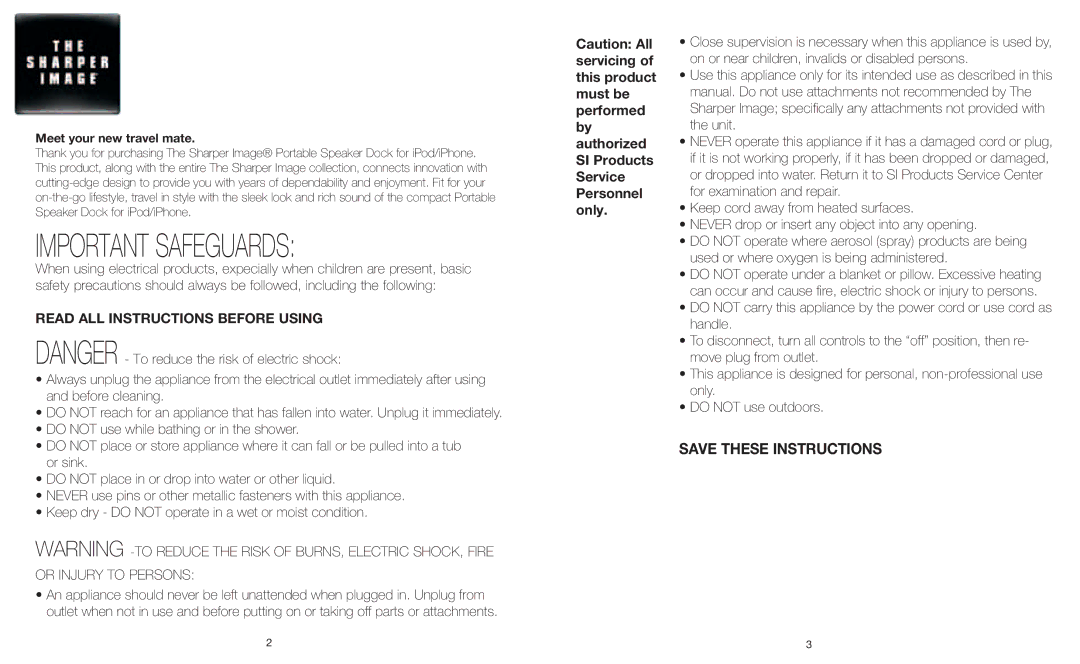 Sharper Image EC-P115 instruction manual Important Safeguards 