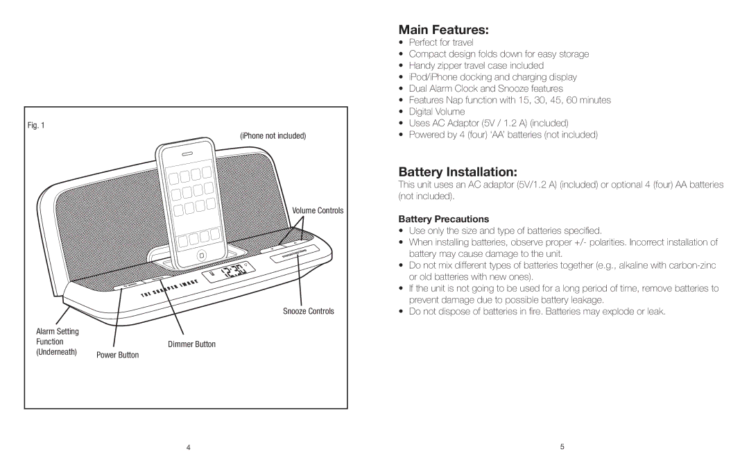 Sharper Image EC-P115 instruction manual Main Features, Battery Installation, Battery Precautions 