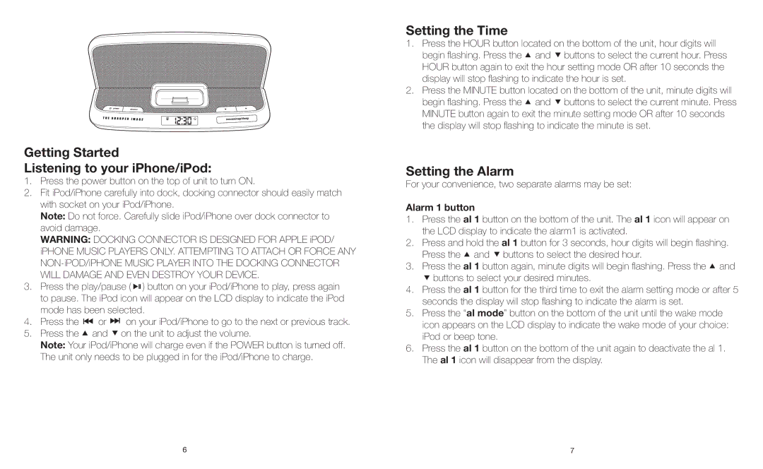 Sharper Image EC-P115 Getting Started Listening to your iPhone/iPod, Setting the Time, Setting the Alarm, Alarm 1 button 